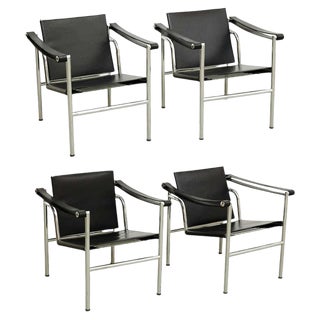 LC1 Black Leather Armchairs b Pierre Jeanneret Charlotte Perriand attributed to Le Corbusier, 1970s, Set of 4 For Sale