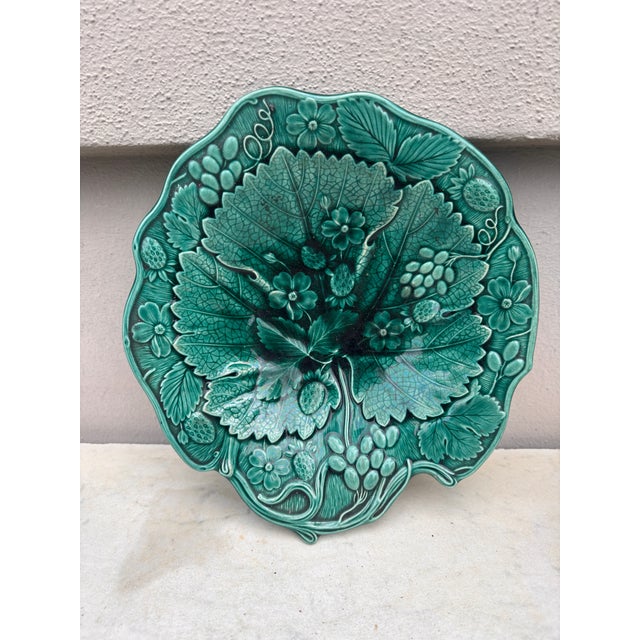 19th-Century English Green Majolica strawberry & grapes platter.