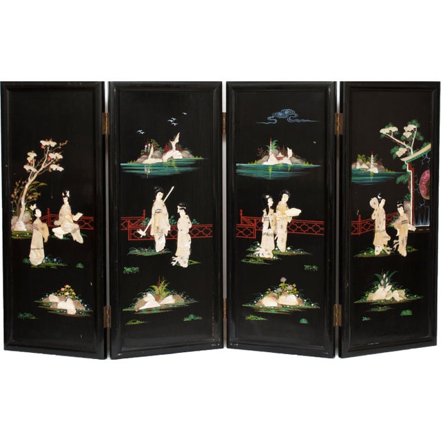 Fine antique Chinoiserie Coromandel 4-panel folding screen depicts every day life scenes with noble women and beautiful...