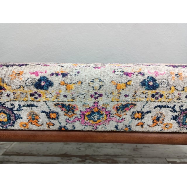 French Country Bohemian Style Rug Print Fabric Upholstered Hallway Bench For Sale - Image 3 of 9