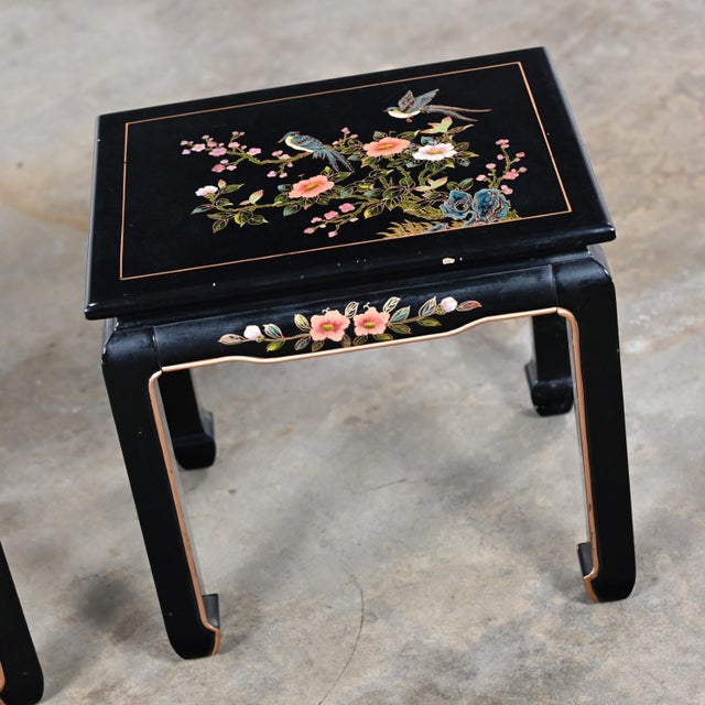 Late 20th to Early 21st Century Distressed Chinoiserie Pair Black Lacquered End or Side Tables Ming Style Feet For Sale - Image 6 of 12
