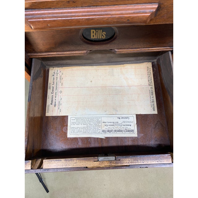 Antique Walnut Tabletop Amberg's Cabinet Letter File With Roll Up Tambor Door For Sale - Image 9 of 18