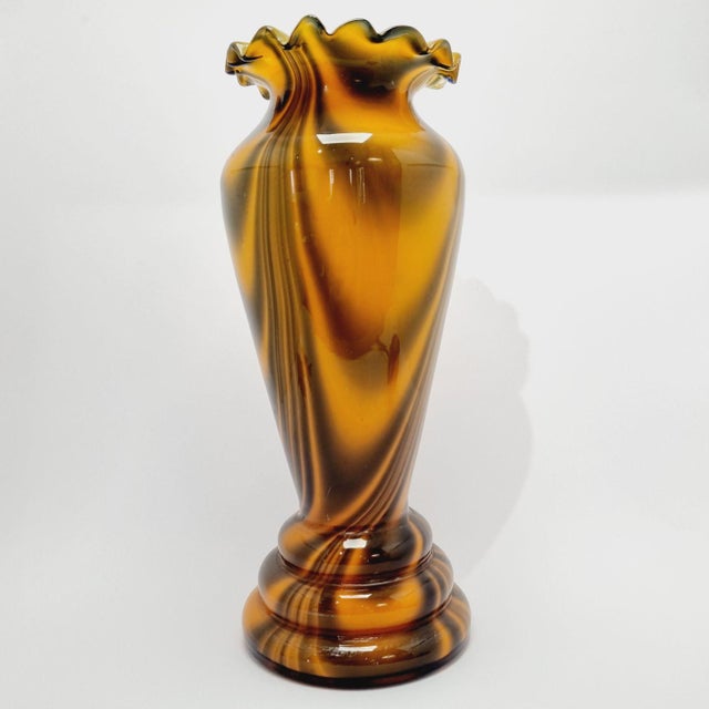 Mid-Century Modern Mid-Century Amber Slag Glass Vase with Ruffled Rim For Sale - Image 3 of 8
