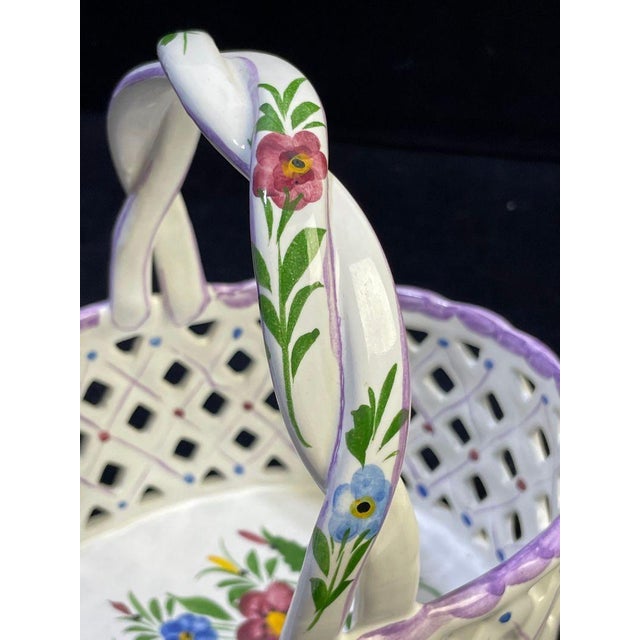 Figurative Vintage Hand-Painted Ceramic Lattice Basket With Flowers From Portugal For Sale - Image 3 of 8