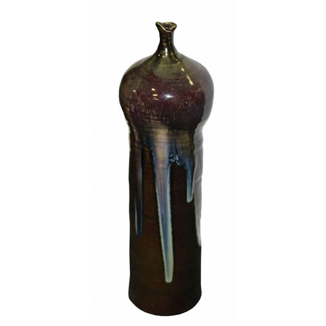 Modern Modern Handmade Artistic Bottle Shape Brown Gloss Grace Vase With Sun Flower Graphic For Sale - Image 3 of 5