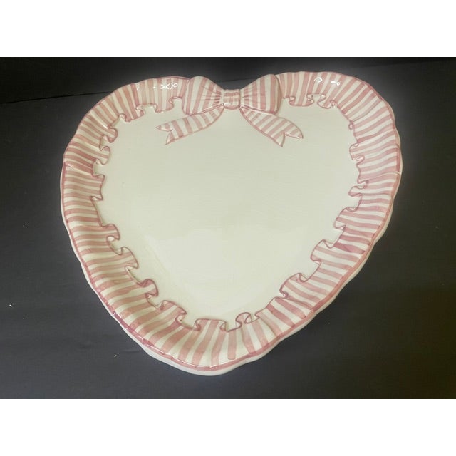 Vintage 1989 Angora / Haldon Group "Pink Stripe" Ribbon Bow Heart Platter - Rare 14" For Sale - Image 13 of 17