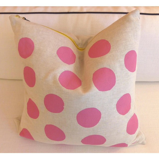 Beautiful handmade heavy linen silk screened polka dot pillow. The detail and execution are perfectly done. The pillow has...
