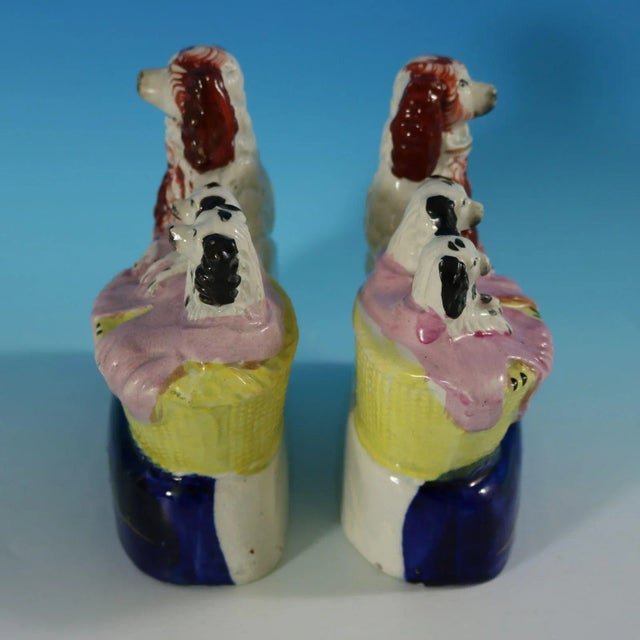 Victorian Pair Staffordshire Spaniel and Pups in Wash Baskets For Sale - Image 3 of 13