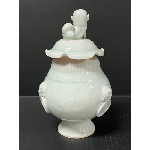 Chinese Late 20th Century Chinese Art Light Celadon Porcelain Covered Jar For Sale - Image 3 of 11