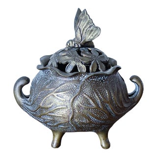 Antique Chinese Bronze Incense Burner With Butterfly and Floral Lid For Sale