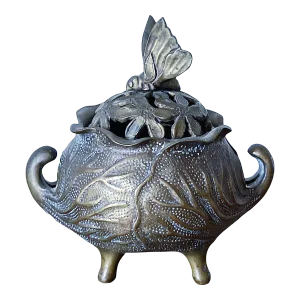 Antique Chinese Bronze Incense Burner With Butterfly and Floral Lid