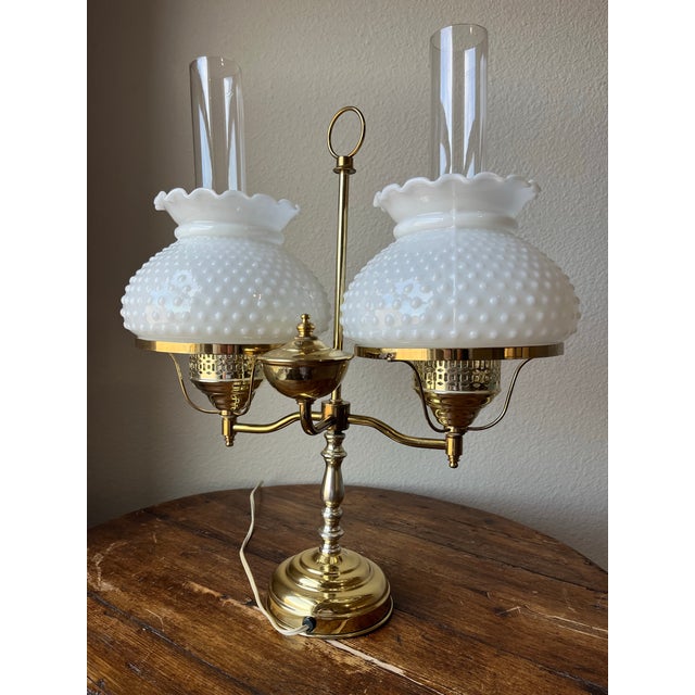 Milk Glass Double Arm and Double Globe Student Desk Lamp Shades are both Fenton Hobnail Style with Ruffled Top Rim Vintage...