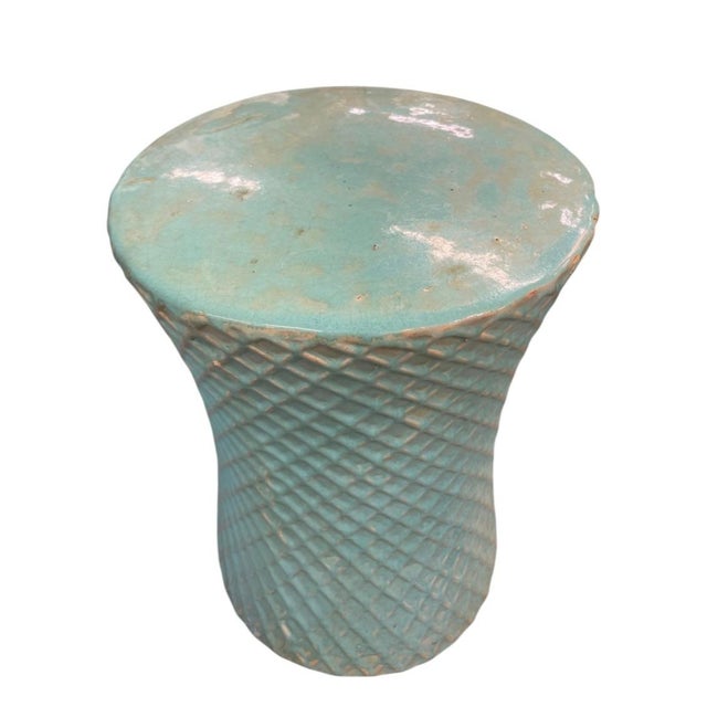 Vintage Turquoise Glazed Ceramic Quilted Lattice Garden Stool & Accent Table For Sale - Image 4 of 12