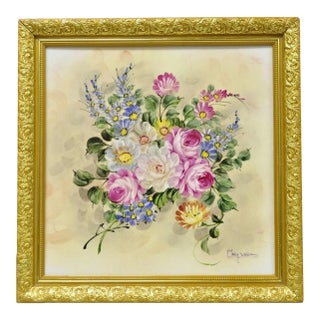 Late 20th Century Mary Wilson French Hand Painted Porcelain Plaque Pink Rose Flower Painting (B) For Sale