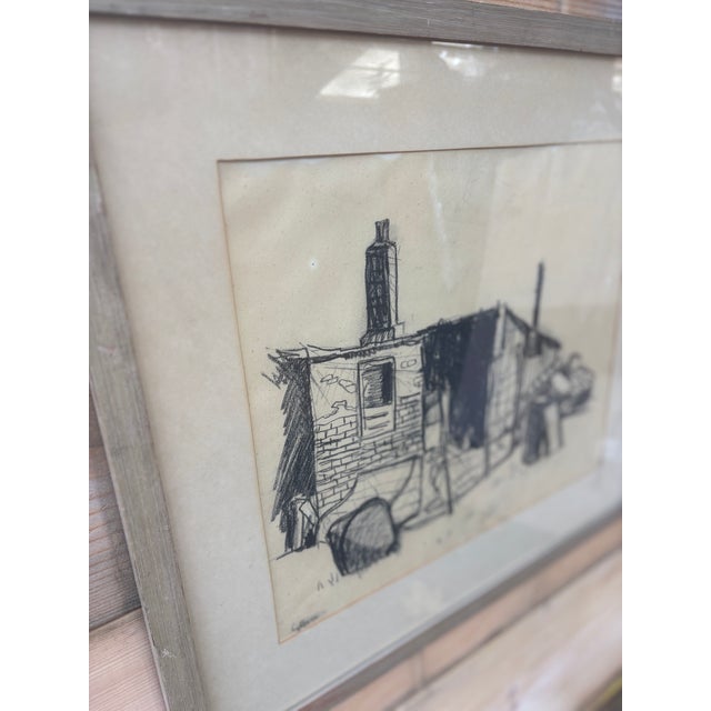 Charcoal sketch that adds farmhouse charm to any gallery wall or niche. Signed by unidentified artist. Sourced in Sweden.