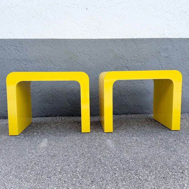Postmodern Yellow Gloss Laminate Waterfall Side Tables - A Pair For Sale - Image 4 of 10