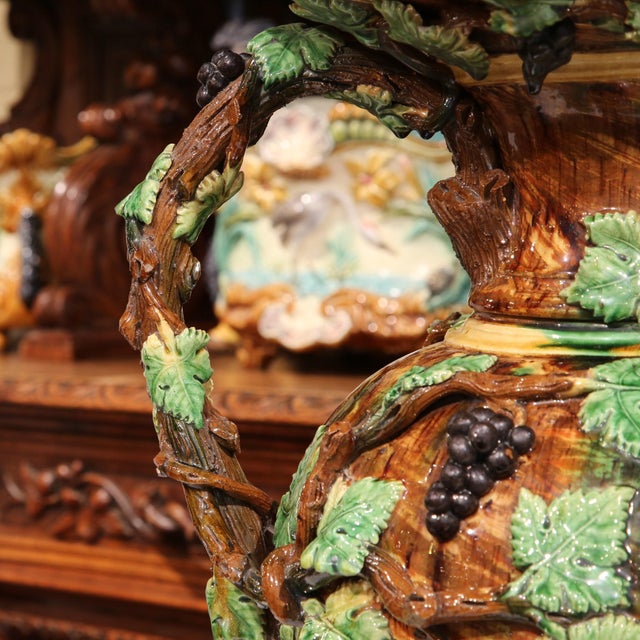 19th Century French Painted Ceramic Barbotine Vase With Vine, Grape & Leaf Decor For Sale - Image 10 of 10