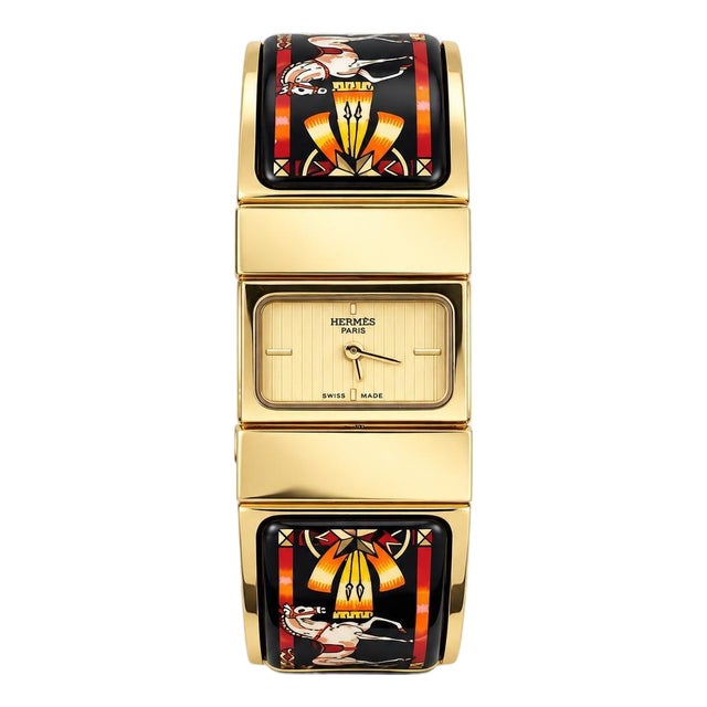 Hermès Paris Vintage "Loquet" Equestrian Enamel & Gold-Plated Bangle Watch For Sale