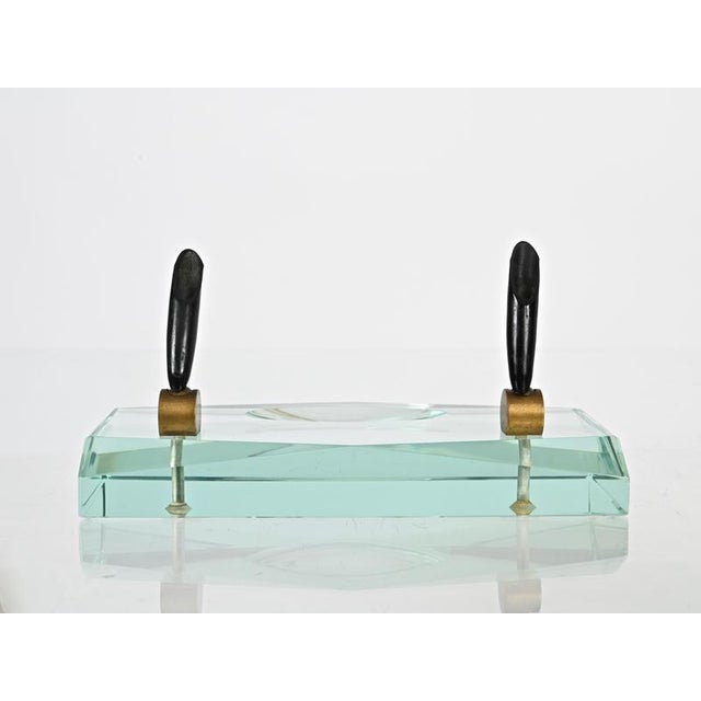Beveled Nile Green Crystal and Brass Pen Holder attributed to Fontana Arte, Italy, 1950s For Sale - Image 12 of 16