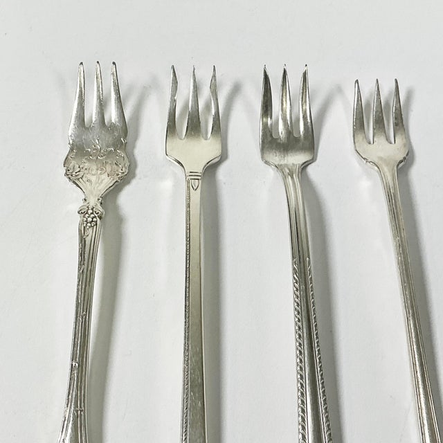 Metal Vintage Boho Chic Hollywood Regency Coastal Eclectic Silverplate Seafood Forks - Set of 4 For Sale - Image 7 of 8