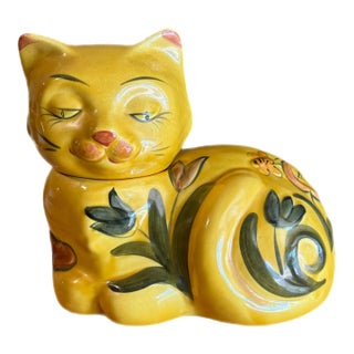 Vintage 1960s Yellow Calico Cat Ceramic Cookie Jar For Sale