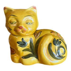 Vintage 1960s Yellow Calico Cat Ceramic Cookie Jar