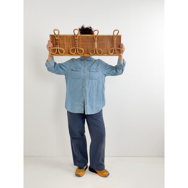 Large Bamboo Rattan and Woven Cane Wall Coat Rack, Italy, 1970s For Sale - Image 3 of 18