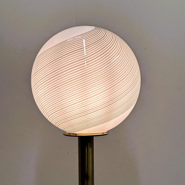 Large Italian Brass Floor Lamp with Swirled Murano Glass Globe, 1970s For Sale - Image 12 of 13
