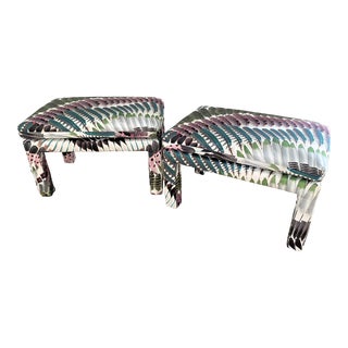 Vintage Drexel Parsons Style Ottomans Reupholstered in Christian Lacroix Prête-Moi Ta Plume Fabric - a Pair For Sale