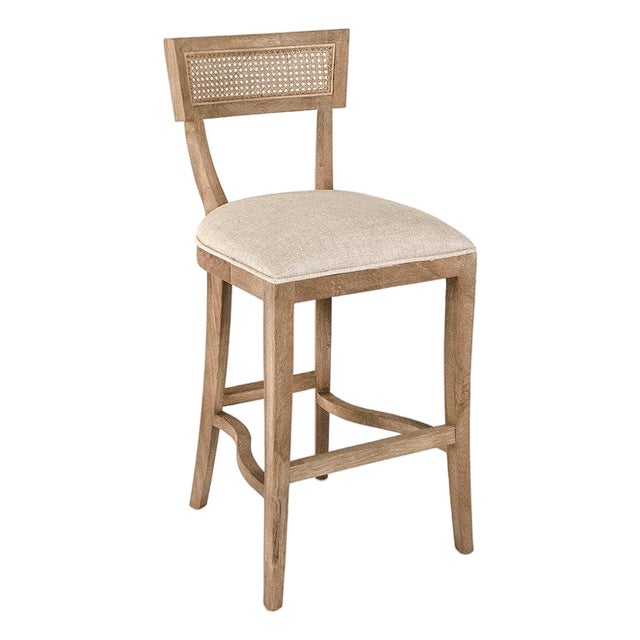 Carvell Cane Back Bar Stool - Linen / Weathered Oak Frame For Sale