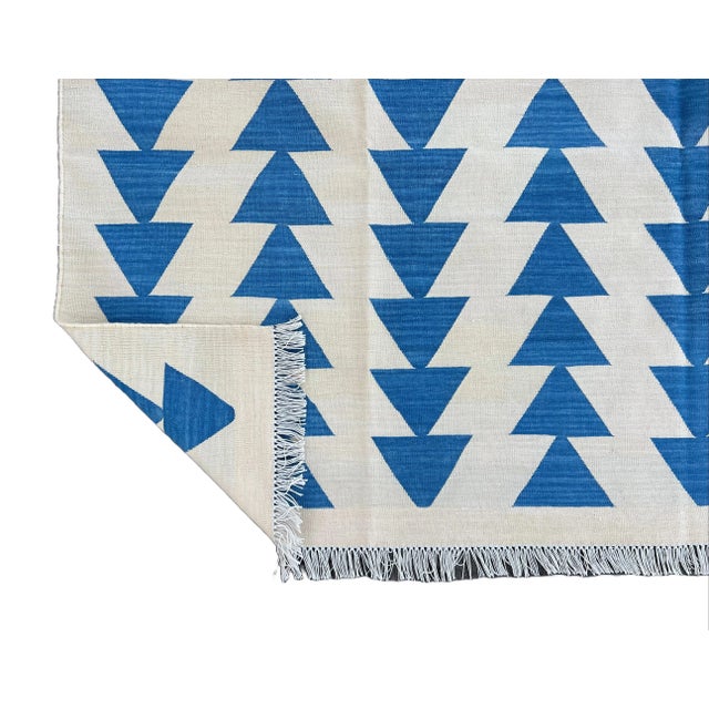 Casa Cosima Handwoven Cotton Area Rug Vegetable Dyed Cream and Blue Pyramid Patterned Checked Dhurrie - 9'x12' For Sale - Image 4 of 10