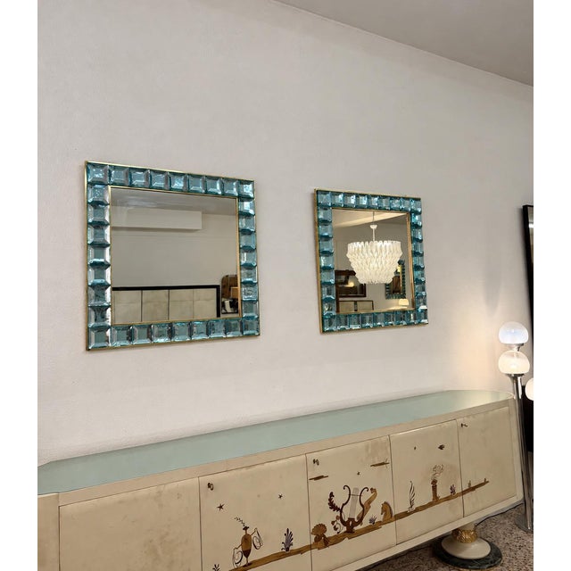Handmade Aqua-Blue Murano Glass Cube Mirrors with Brass Frame, 2000s, Set of 2 For Sale - Image 9 of 11
