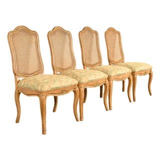 John Stuart French Provincial Louis XV Carved Oak and Cane Back Side Chairs or Dining Chairs | Set of Four For Sale