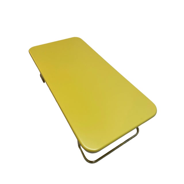 1970s Lane Furniture Lemon Yellow Lacquered Wood Coffee Table With Brass-Tone Metal Base For Sale In Los Angeles - Image 6 of 13