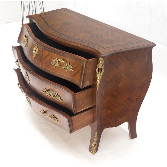 Bombe French Parquetry Top Bronze Mount Ormolu Mount 3 Drawers Dresser MINT For Sale - Image 17 of 17