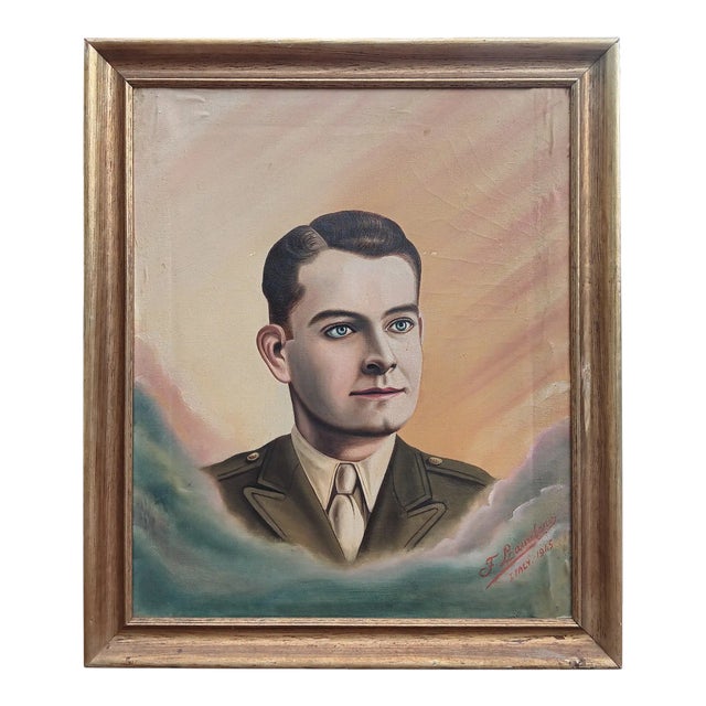 1940s Portrait of an Italian Ww2 Soldier Oil Painting Framed and Signed For Sale