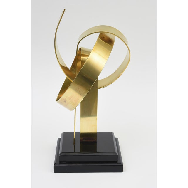 Metal Vintage Van Teal Brass Ribboned Sculpture on Black Wood Base, 1970's For Sale - Image 7 of 12