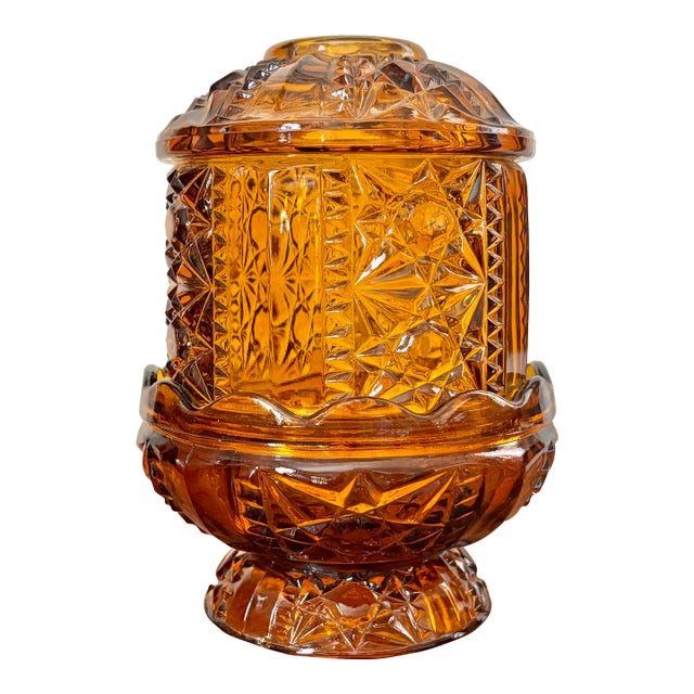 Vintage Indiana Glass “Stars and Bars” Amber Fairy Lamp Light For Sale