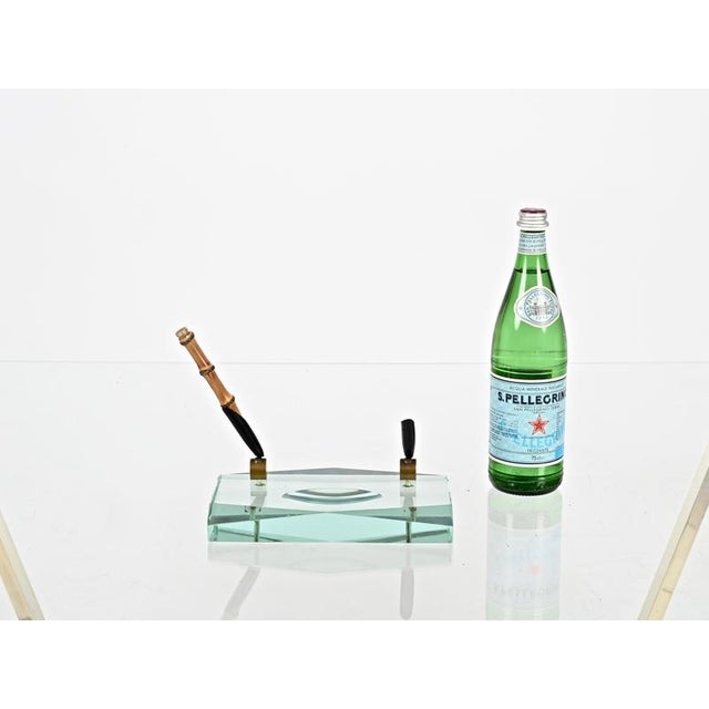 Beveled Nile Green Crystal and Brass Pen Holder attributed to Fontana Arte, Italy, 1950s For Sale - Image 15 of 16