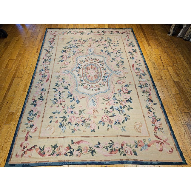 Late 19th Century French Aubusson Needlepoint Carpet in Floral Pattern in Ivory, Green, Pink, Blue For Sale - Image 11 of 18