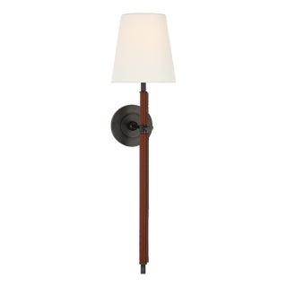 Thomas O'Brien for Visual Comfort Signature Bryant Large Wrapped Tail Sconce in Bronze and Saddle Leather with Linen Shade For Sale