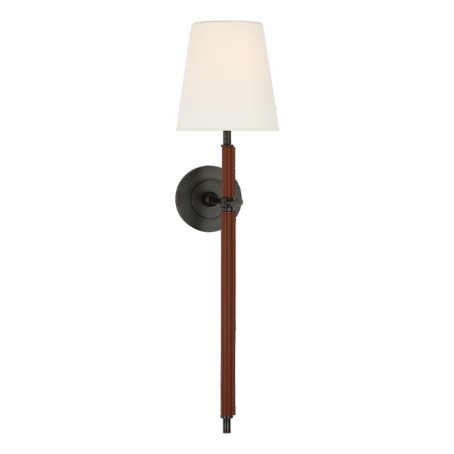 Thomas O'Brien for Visual Comfort Signature Bryant Large Wrapped Tail Sconce in Bronze and Saddle Leather with Linen Shade For Sale