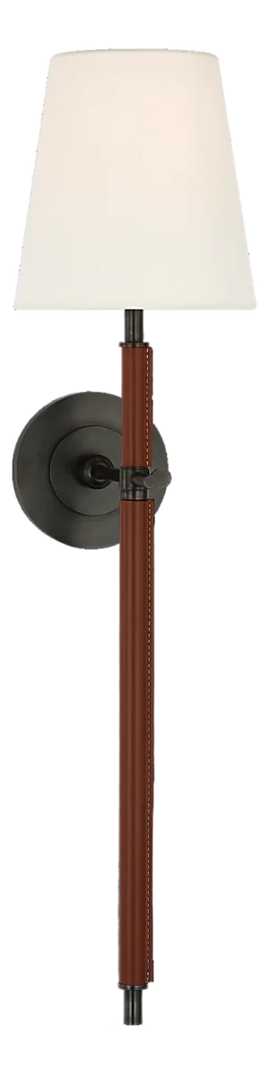 Thomas O'Brien for Visual Comfort Signature Bryant Large Wrapped Tail Sconce in Bronze and Saddle Leather with Linen Shade