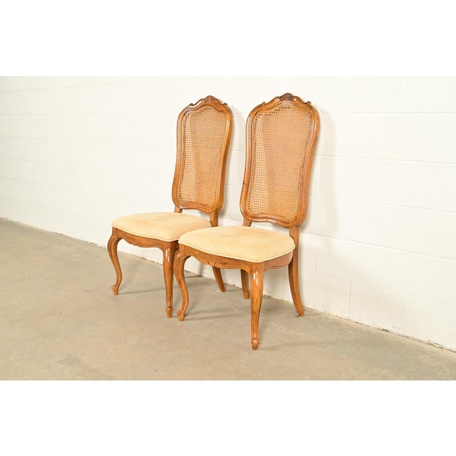 Thomasville Thomasville French Provincial Louis XV Carved Walnut and Cane Back Side Chairs or Dining Chairs, Pair For Sale - Image 4 of 14