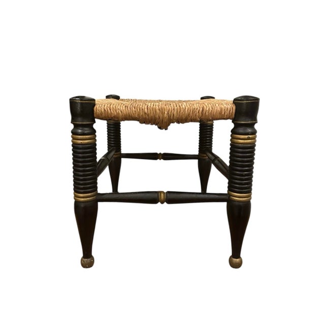 Wood Antique Ebonized Hitchcock Stool / Footsool With Woven Rush Seat, Stenciling, & Spool Legs For Sale - Image 7 of 12
