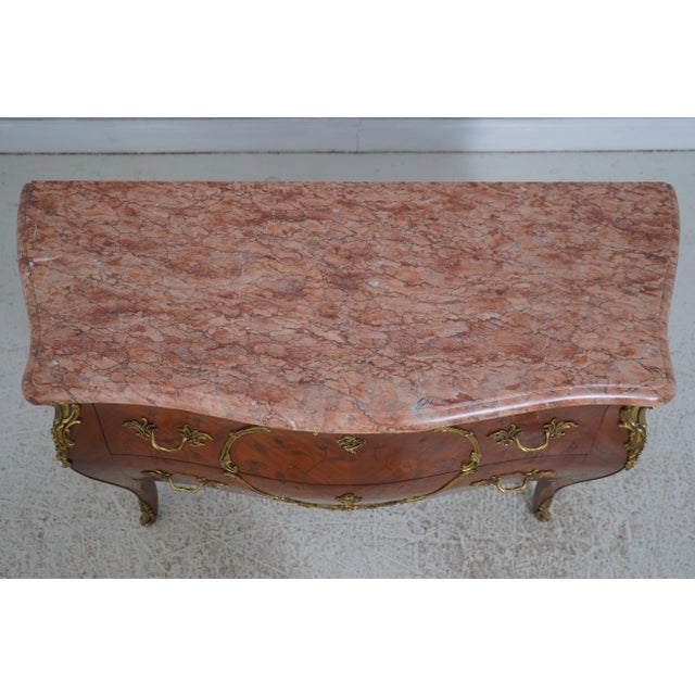 Vintage Louis XV Style Marquetry Bombe Marble Top Commode For Sale In Philadelphia - Image 6 of 18