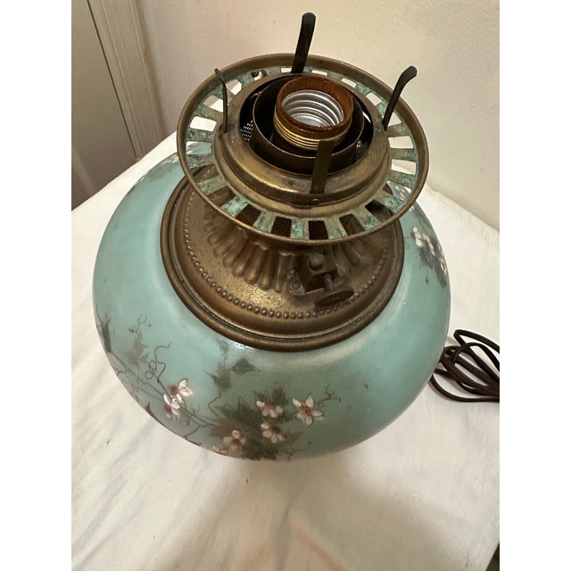 Antique Victorian Electrified "Gone With the Wind" Hurricane Lamp With Hand-Painted Floral Globe, C. 1895 For Sale - Image 9 of 12
