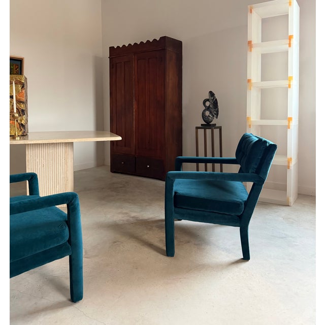 Pair Re-Upholstered Emerald Green Velvet Parsons Lounge Chairs Milo Baughman For Sale - Image 13 of 18