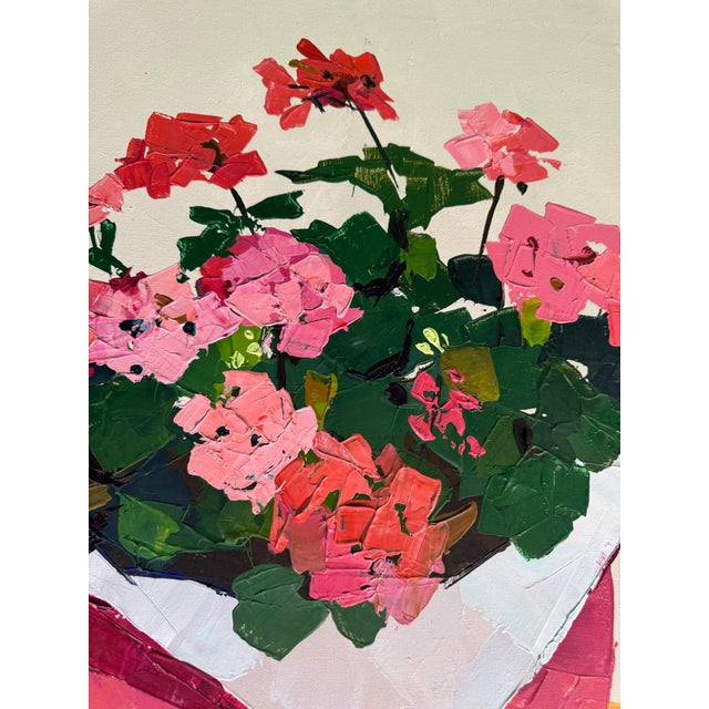 Impressionist Potted Geraniums Palette Knife Oil Painting, Signed Shunney, Framed For Sale - Image 3 of 3