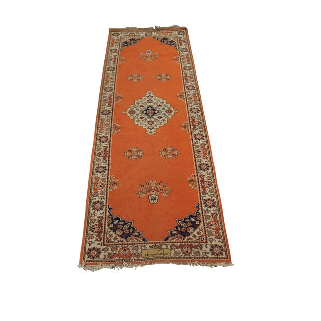 Traditional Vintage Hand Knotted Wool Geometric Medallion Orange Rug Runner Signed 3' X 8' For Sale - Image 3 of 11